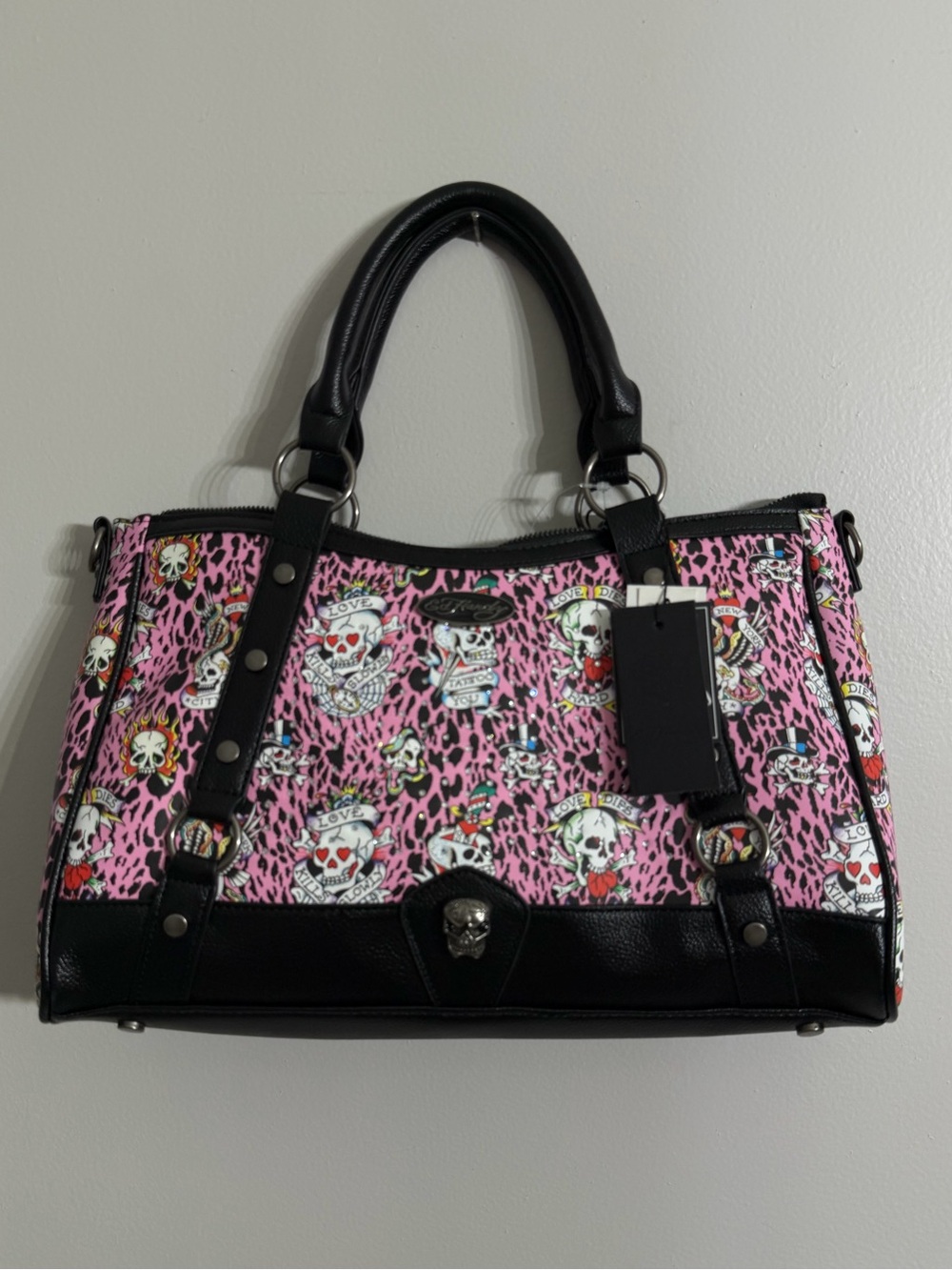 Ed Hardy Pink Leopard Tattoo Skull Satchel Bag